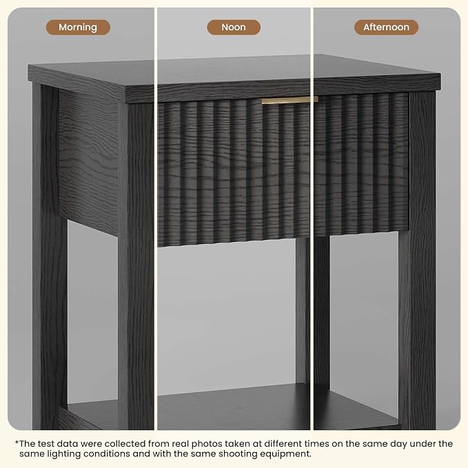 Fluted Night Stand with Golden Handle,Mid-Century Nightstands with Drawer,Modern Bedside Table with Storage Shelf,Large Wood End Tables for Livingroom,Bed Side Tables for Bedroom,Black