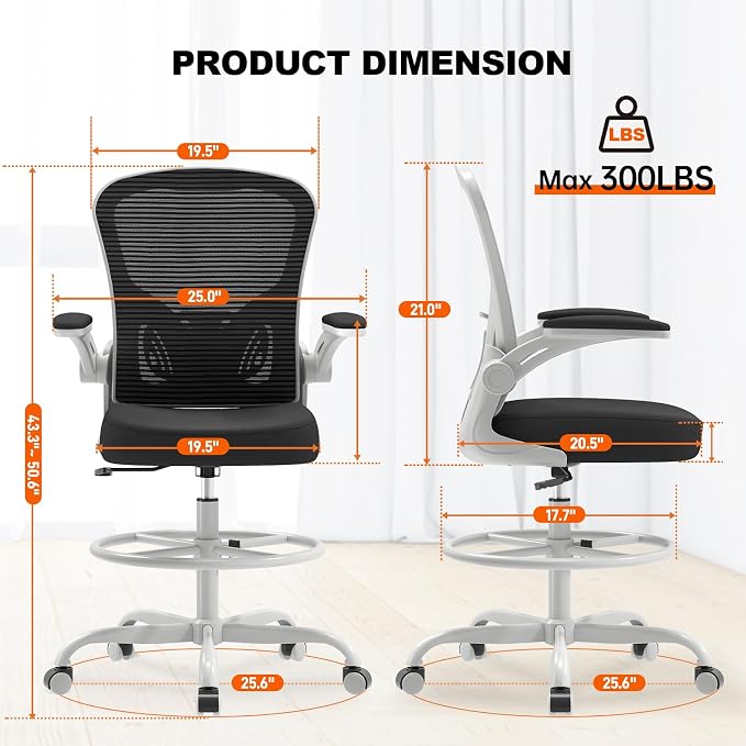 Synorla Ergonomic Drafting Chair, Tall Mesh Office Chair with Flip-up Armrests, Lumbar Support Adjustable Footrest Ring for Standing Desk Gray Pink