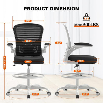 Synorla Ergonomic Drafting Chair, Tall Mesh Office Chair with Flip-up Armrests, Lumbar Support Adjustable Footrest Ring for Standing Desk Gray Pink