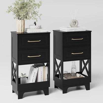 Tall Nightstand Set of 2 Side Table with 2 Drawers Modern Night Stand Wooden End Table Bedside Table with Below Open Shelf Solid Feet for Bedroom Black