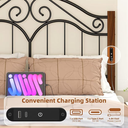 Headboard for Full Size Bed Frame with Charging Station USB & Type C Ports | Vintage Platform Bed Headboard Only,Adjustable,Iron Legs,Easy Assembly,Black