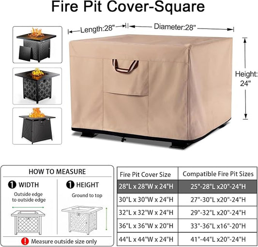 QH.HOME Fire Pit Cover Square-25-28 Inch Heavy Duty 900D Strong Tear-Resistant and UV Resistant and Waterproof and Fading Resistant Material Polyester Firepit Covers for Outdoor Fire Table-Wheat