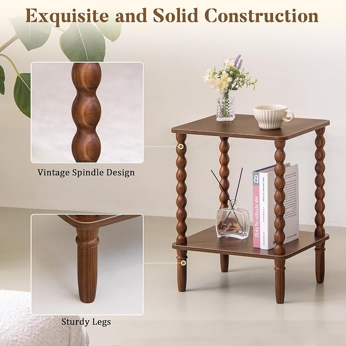 Fultyle Small Side Table, Walnut End Table with 2-Tier Shelf, Vintage Nightstand Coffee Table for Bedroom, Living Room, Small Spaces (Walnut Brown)