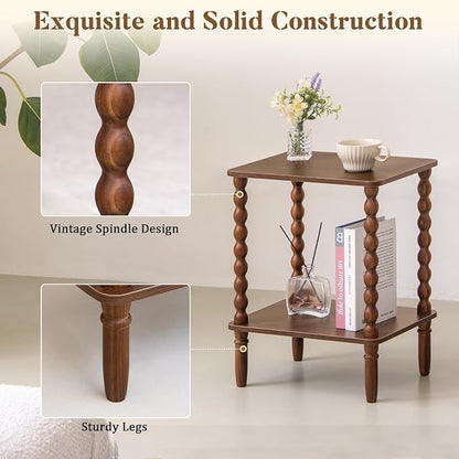 Fultyle Small Side Table, Walnut End Table with 2-Tier Shelf, Vintage Nightstand Coffee Table for Bedroom, Living Room, Small Spaces (Walnut Brown)