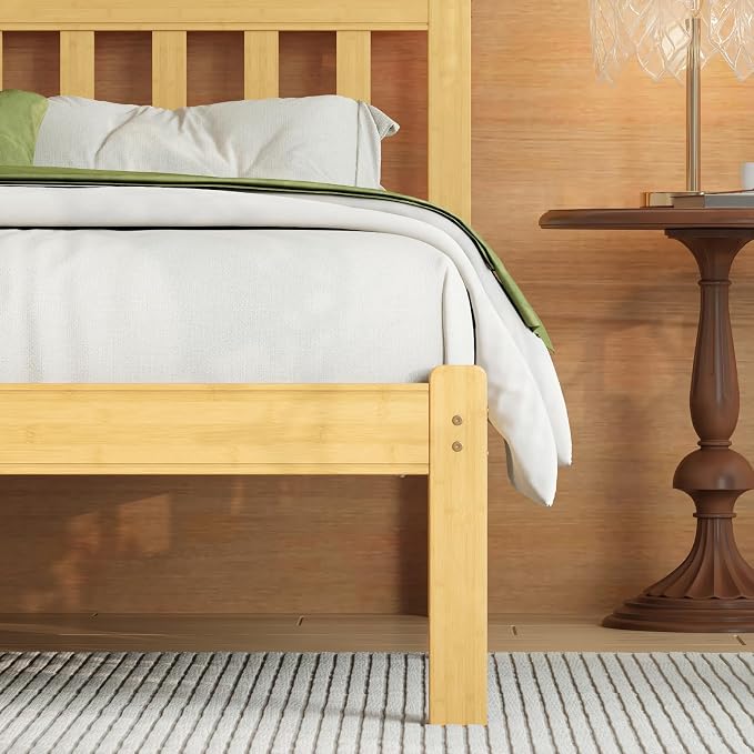 Askeld Wood Twin Bed Frame with Headboard, 14 Inch High Solid Bamboo Platform Bed No Box Spring Needed, Mid-Century Heavy Duty Bedframe, Easy Assembly, Noise Free