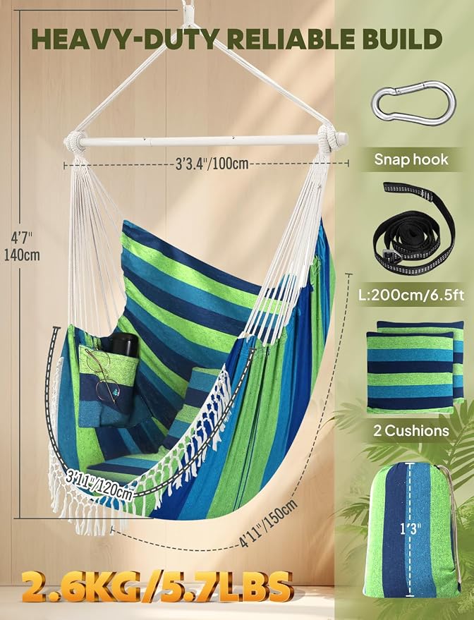 Chihee Hammock Chair 4.9ft x 3.9ft Max 500 Lbs Widen Hanging Swing 2 Cushions Included Metal Spreader Bar with Anti-Slip Grooves Portable Comfy Hanging Chair Side Pocket Bohemian Chair Indoor Outdoor