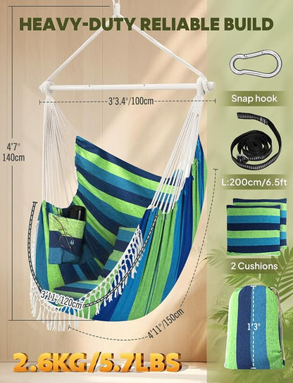 Chihee Hammock Chair 4.9ft x 3.9ft Max 500 Lbs Widen Hanging Swing 2 Cushions Included Metal Spreader Bar with Anti-Slip Grooves Portable Comfy Hanging Chair Side Pocket Bohemian Chair Indoor Outdoor