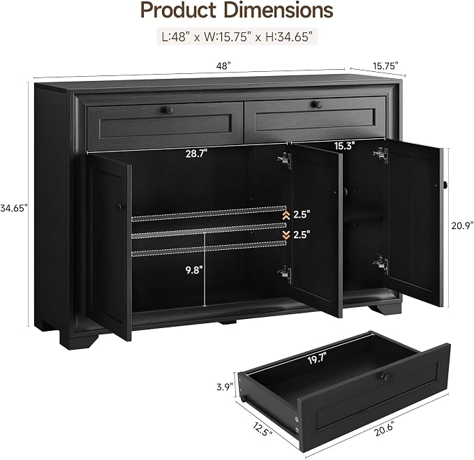 ONBRILL 48 Inches Sideboard Buffet Cabinet with Storage, Farmhouse Sideboard with 2 Drawers and 3 Doors, Wood Coffee Bar Cabinet with Adjustable Shelves for Living Room, Kitchen, Hallway, Black