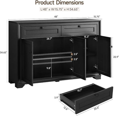 ONBRILL 48 Inches Sideboard Buffet Cabinet with Storage, Farmhouse Sideboard with 2 Drawers and 3 Doors, Wood Coffee Bar Cabinet with Adjustable Shelves for Living Room, Kitchen, Hallway, Black