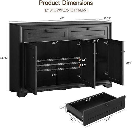 ONBRILL 48 Inches Sideboard Buffet Cabinet with Storage, Farmhouse Sideboard with 2 Drawers and 3 Doors, Wood Coffee Bar Cabinet with Adjustable Shelves for Living Room, Kitchen, Hallway, Black