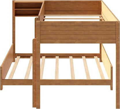Full XL Over Full XL Bunk Bed with Built-in Storage Shelf & Ladder, Wood Bed Frame with Support Slats, Space-Saving Design, Walnut