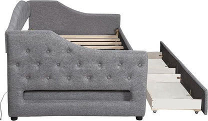 Merax Twin XL Size Modern Upholstered Platform Bed with 2 Drawers, Linen Sofa Daybed with Wood Slat Support, Storage Bed Frame, Space Saving/Gray