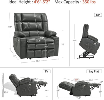 MCombo Small Dual Motor Power Lift Recliner Chair for Elderly, Zero Gravity Lift Chair with Heat and Massage, Lay Flat Recliner for Petite, USB Ports, Faux Leather R7894 (Grey, Small-Wide)
