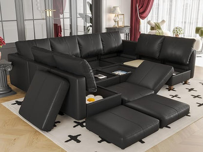 EASE MOOSE Faux Leather Sectional Couch with Storage,Black U Shaped Faux Leather Modualr Sofa Couch