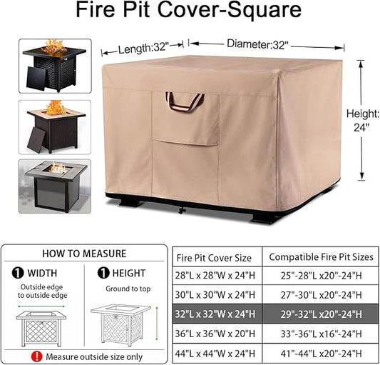 QH.HOME Fire Pit Cover Square 29-32 Inch Heavy Duty 900D Strong Tear-Resistant and Waterproof and Fading Resistant Material Polyester UV Resistant Firepit Covers for Outdoor Fire Table-Wheat
