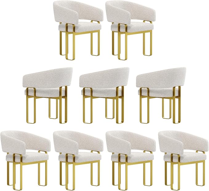Dining Chairs, Off White Boucle Upholstered Dining Room Chairs with Brushed Gold Metal U-Shaped Legs, Luxury Side Chairs with Arms(Set of 9)