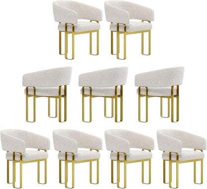 Dining Chairs, Off White Boucle Upholstered Dining Room Chairs with Brushed Gold Metal U-Shaped Legs, Luxury Side Chairs with Arms(Set of 9)