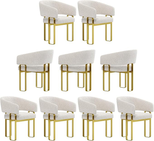 Dining Chairs, Off White Boucle Upholstered Dining Room Chairs with Brushed Gold Metal U-Shaped Legs, Luxury Side Chairs with Arms(Set of 9)