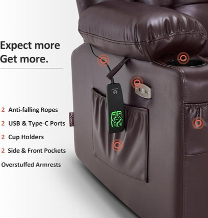 MCombo Large Dual Motor Power Lift Recliner Chair for Elderly, Zero Gravity Lift Chair with Heat and Massage, Infinite Position Lay Flat Recliner, USB Ports, Faux Leather 7896 (Dark Brown, Large)