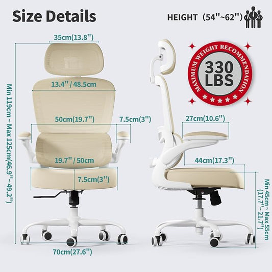 TRALT Office Chair Ergonomic Desk Chair, 330 LBS Home Mesh Office Desk Chairs with Wheels, Comfortable Gaming Chairs (1, Beige)