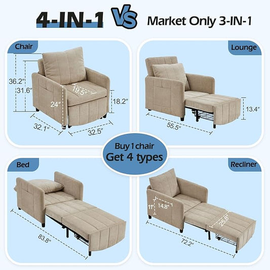 ZZW Sleeper Chair 84" Extra Long Convertible Chair Bed Upgraded 3-in-1 to 4-in-1 Pull Out Chair & Single Sofa Bed for Adult Sleeping Chairs for Living Room & Small Space