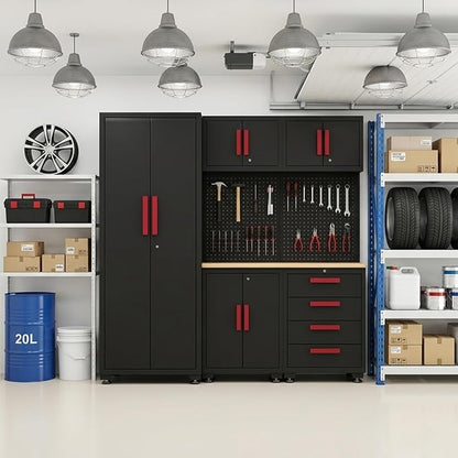 Garage Storage Cabinet System, 6-Pcs Garage Cabinets and Storage System Corner Workshop Set with Corner Cabinet, Cabinet Drawers, Workbench, Pegboard for Tool Organization, Black and Red