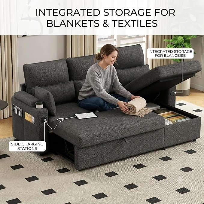 L-Shaped Sectional Sofa with Storage, Reversible Sleeper Sofa Couch with Chaise, Soft Fabric Upholstered Modular Couch with Cup Holder & Side Pockets, 1000lbs Capacity for Living Room (Black, 3-Seat)