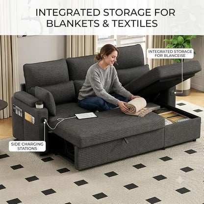 L-Shaped Sectional Sofa with Storage, Reversible Sleeper Sofa Couch with Chaise, Soft Fabric Upholstered Modular Couch with Cup Holder & Side Pockets, 1000lbs Capacity for Living Room (Black, 3-Seat)