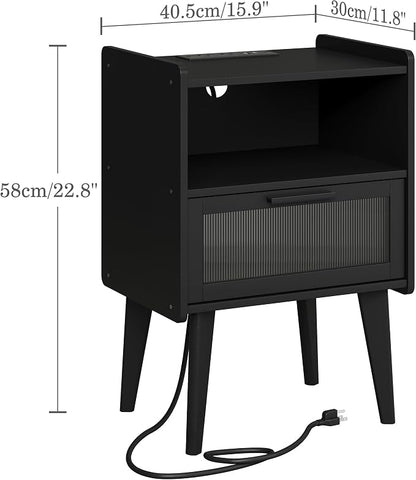 MMEOLUOOK Nightstand with Charging Station, Bedside Tables Set of 2, End Table Side Table with 2 Tiers Storage Space, for Bedroom, Living Room, Black MLBZ07BEV-2