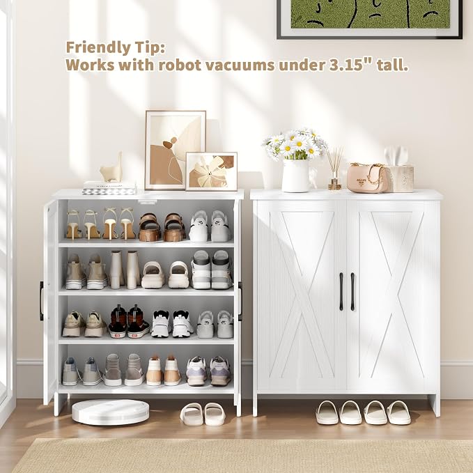 Farmhouse Shoe Storage Cabinet, 5-Tier Wooden Shoe Cabinet Organizer with 2 Barn Doors & 3 Adjustable Shelves, Shoe Cabinet for Entryway, Hallway, White