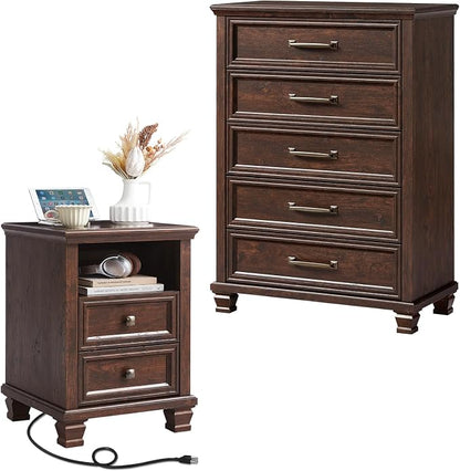 SAVOR LIFE Farmhouse Dresser and Nightstand Sets 2 Piece, 5 Drawer Dresser & 2 Drawer Nightstand Set, Rustic Wood Bedroom Furniture Set for Home, Bedroom, Hallway, Walnut