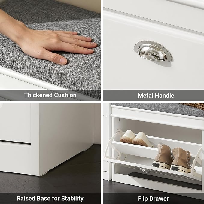 Haotian Shoe Storage Bench, Small Shoe Cabinet for Entryway, Narrow Shoe Rack with 1 Flip-Drawer and Seat Cushion, White, FSR82-K-W