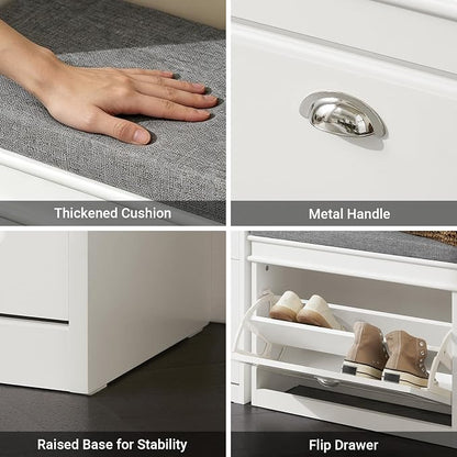 Haotian Shoe Storage Bench, Small Shoe Cabinet for Entryway, Narrow Shoe Rack with 1 Flip-Drawer and Seat Cushion, White, FSR82-K-W