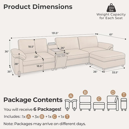 SITJOY Large Cloud Couch, 132" Wide 3 Seater L Shaped with Console, Brown | Pet-Friendly Scratch-Resistant Leather Sectional Sofas for Living Room, Deep Seat Wide Couch with Chaise, Storage Ottoman