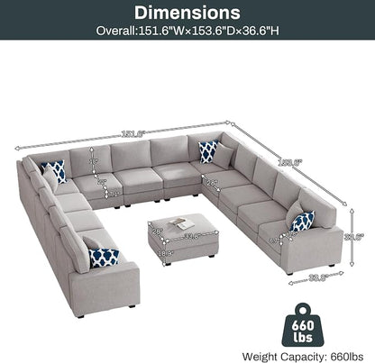 Legend Vansen Oversized Modular Sectional Sofa,U/L‑Shaped Reversible Couch with Ottoman,Deep Seat Plush Polyester Sofa for Living Room,14‑Seater,Light Grey