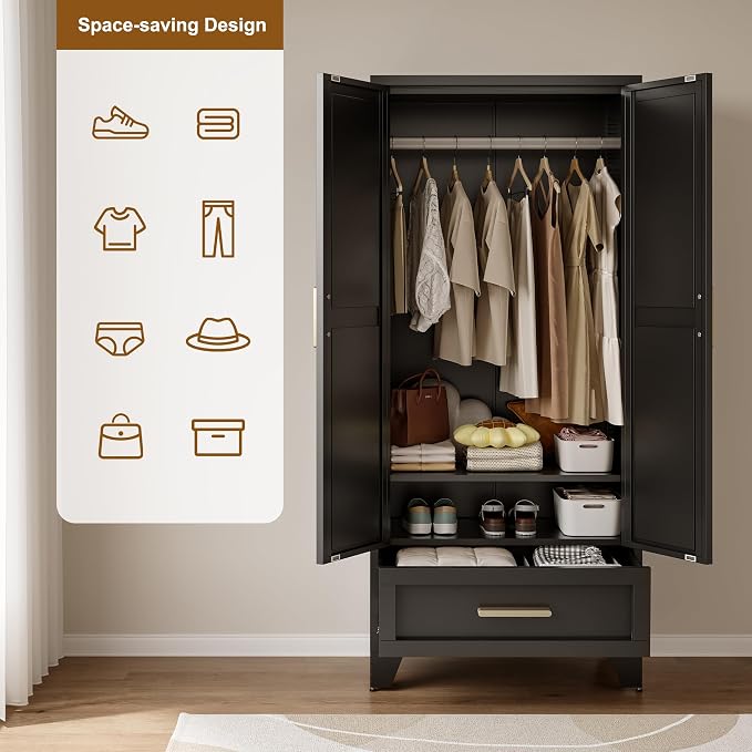 QINPTWUT 71" Tall Metal Wardrobe with Doors, Hanging Rod & Adjustable Shelf, Freestanding Steel Armoire for Bedroom Home Office, 1-Drawer Black