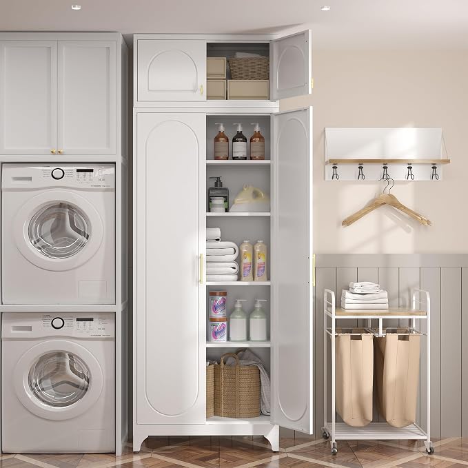 SteeLoong Metal Storage Cabinet and Wall Upper Storage Cabinet,90Inch White Kitchen Pantry Cabinets with 4 Adjustable Shelves,Tall Food Cupboards for Living Room, Dining Room Office