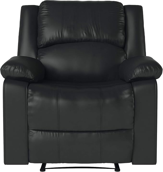 Warren 35.5" Manual Pull-Handle Recliner, Traditional Overstuffed, Pocket Coil Comfort, Black Metal Base Legs, Soft Vegan Leather Fabric, Black