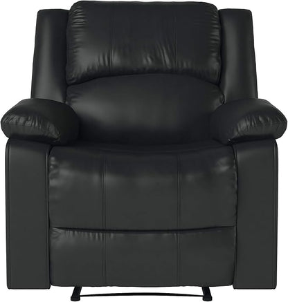 Warren 35.5" Manual Pull-Handle Recliner, Traditional Overstuffed, Pocket Coil Comfort, Black Metal Base Legs, Soft Vegan Leather Fabric, Black