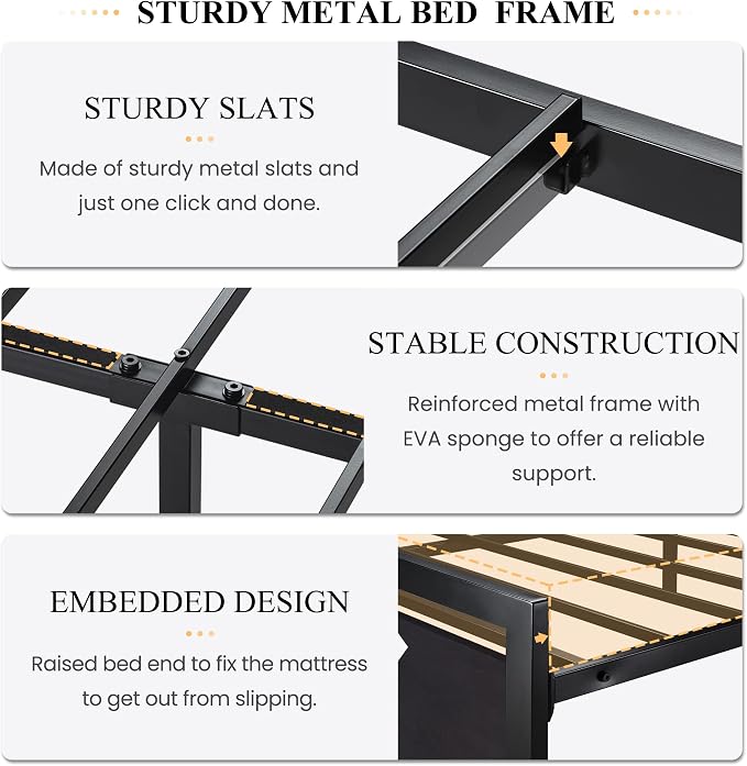 SHA CERLIN Heavy Duty Queen Size Bed Frame with Modern Headboard，Black | Platform Metal Base with Square Footboard and 13 Strong Slats Support, No Box Spring Needed