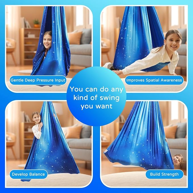 Sensory Swing for Kids and Adults Indoor & Outdoor Double Layer Therapy Cuddle Holds up to 300lbs Adjustable Swing Hammock Chair with 360° Swivel Hanger Kit Effect for Aspergers Autism ADHD(Star Blue)