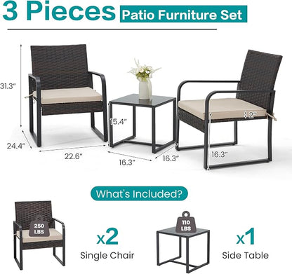 Bezseller 3 Piece Outdoor Patio Furniture Set, Patio Bistro Set Wicker Conversation Set, Modern Rattan Chair with Glass Coffee Table for Backyard, Porches, Poolside, Lawn and Balcony