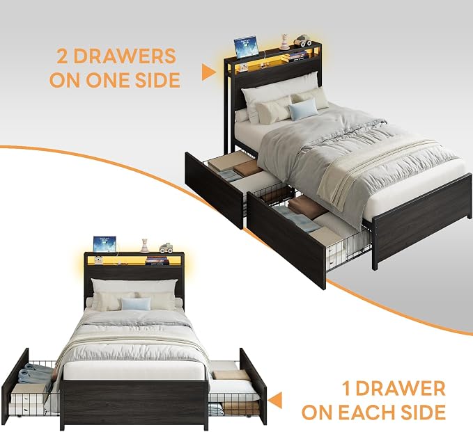 LIKIMIO Twin Bed Frame, DIY Storage Drawer Layout, Headboard with 2-Tier Shelves & Charging Station & LED Light, Suitable for Teen Rooms, Small Apartments & Bedrooms, Black