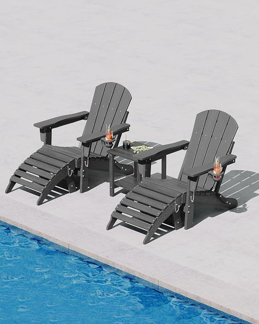 Garvee Folding Adirondack Chair Set of 5, HDPE Outdoor Patio Chair with Cup Holder, All Weather Resistent Wooden Textured for patios, Decks, Gardens, fire Pit, Grey