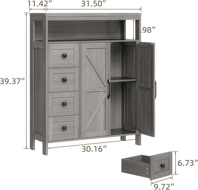 Vabches Farmhouse Storage Cabinet with 2 Doors and 4 Drawers, Freestanding Bathroom Compartment, Kitchen Pantry Cabinet, Floor Cupboard for Kitchen/Living Room/Bathroom （Wash Grey）