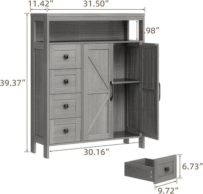 Vabches Farmhouse Storage Cabinet with 2 Doors and 4 Drawers, Freestanding Bathroom Compartment, Kitchen Pantry Cabinet, Floor Cupboard for Kitchen/Living Room/Bathroom （Wash Grey）