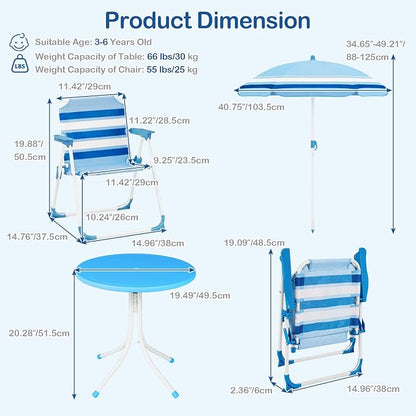 Olakids Kids Picnic Table, Outdoor Toddler Patio Furniture Set with 2 Folding Chairs Adjustable Foldable Umbrella for Garden Backyard Beach (Blue)