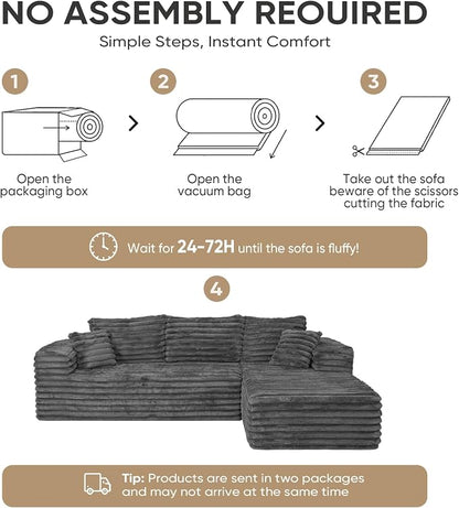 Cloud Sectional Couch with L-Shape Chaise,Modern Modular Sofa with Deep Seat, Upholstered Couches with Right Facing Chaise for Living Room Bedroom, No Assembly Required, Grey (Plush Corduroy Fabric) | 102.4" Modular Sectional Sofa, Cloud Couch Sectiona...