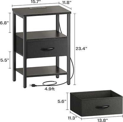 SUPERJARE Nightstand with Charging Station, Bed Side Table with Adjustable Fabric Drawer, Night Stand for Bedroom, 3-Tier Storage End Table, for Living Room, Black