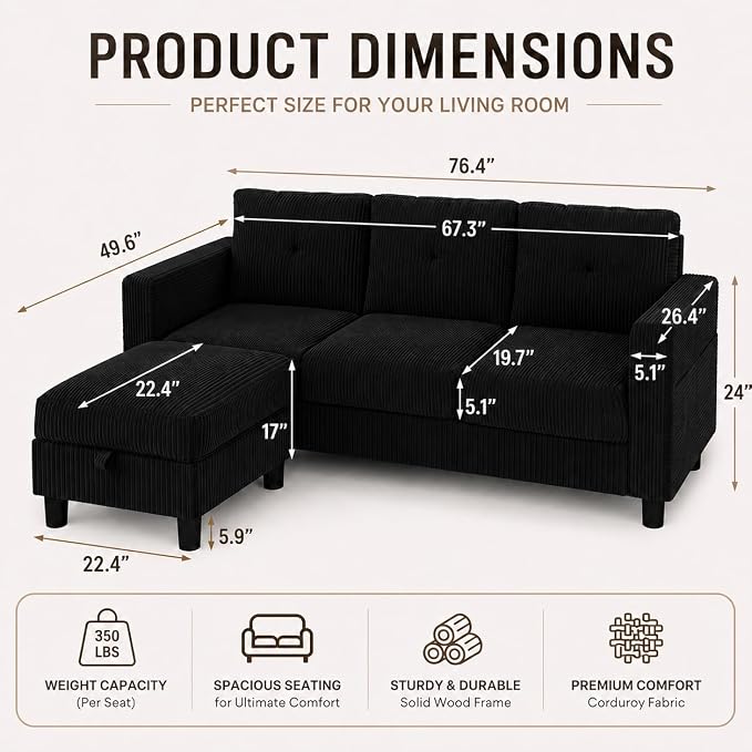 Convertible Sectional Sofa with Storage Ottoman, 77” L-Shaped 3-Seat Couch with Skin-Friendly Corduroy Fabric, Reversible Small Sectional for Small Space, Apartment, Living Room and Office(Black)